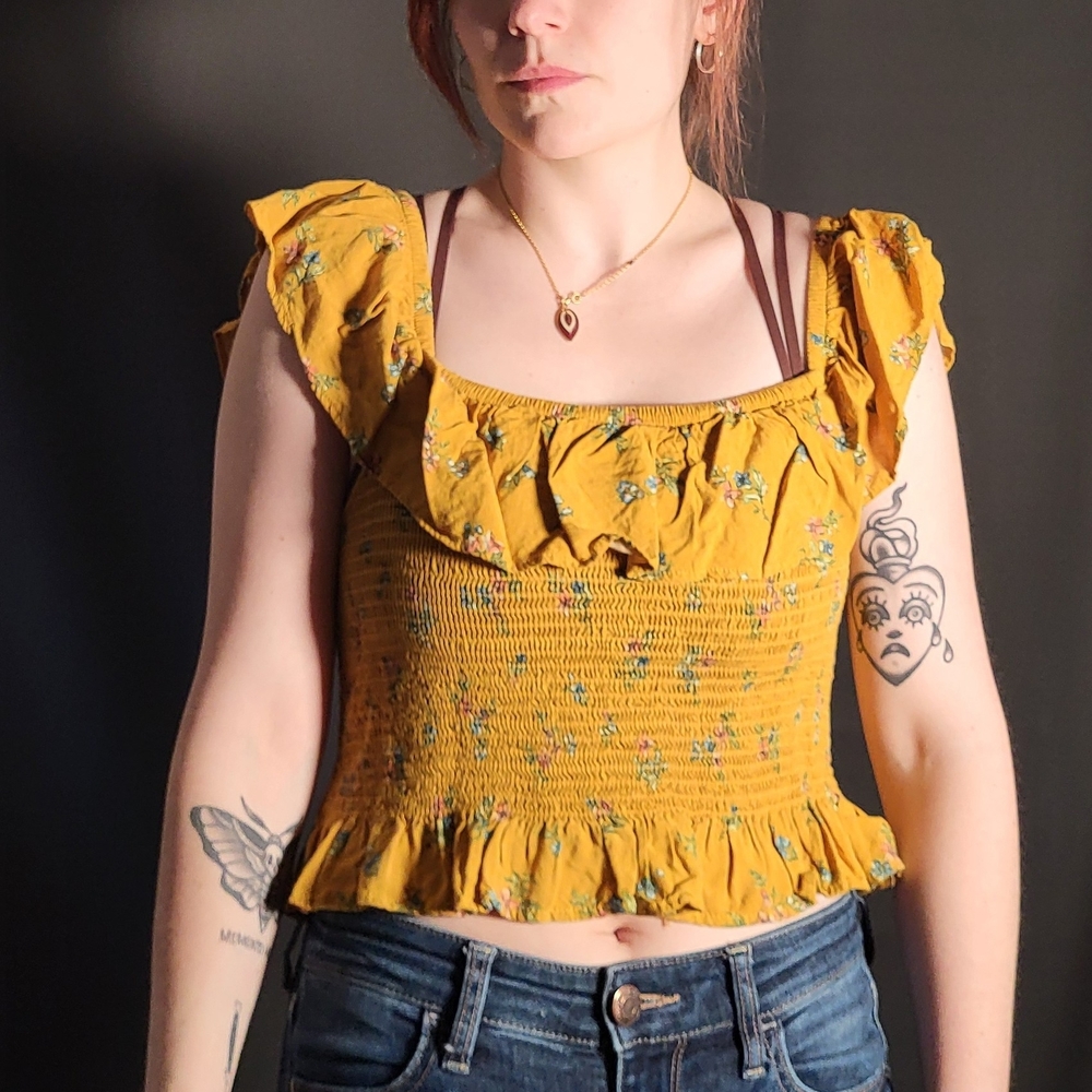 Love Tree Mustard Floral Ruffle Blouse